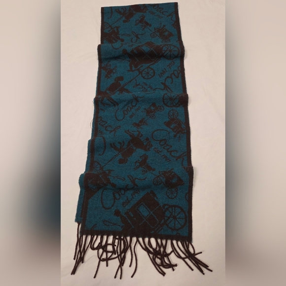 Coach Wool Cashmere Brown Aqua Fringed Scarf - Picture 2 of 9